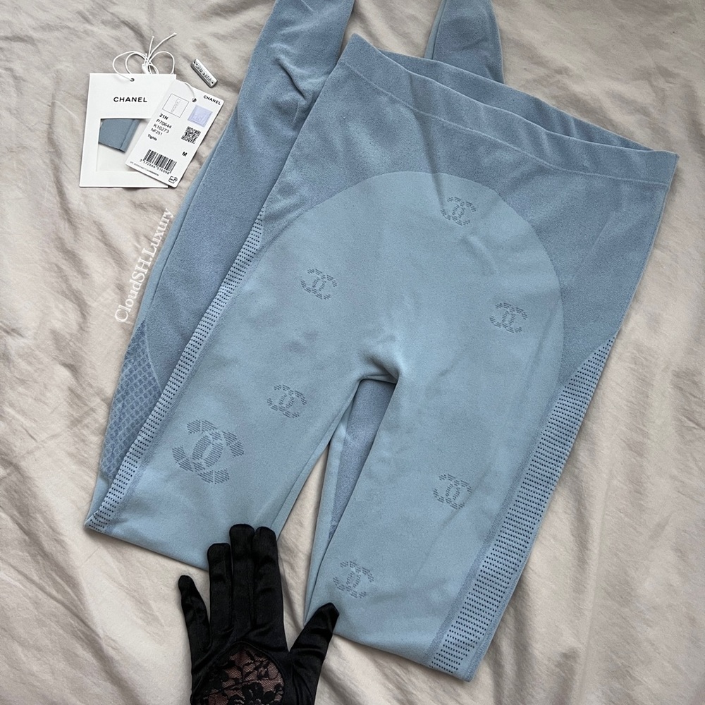 Auth Chanel Blue CC logo Leggings / Tights -Sz. M